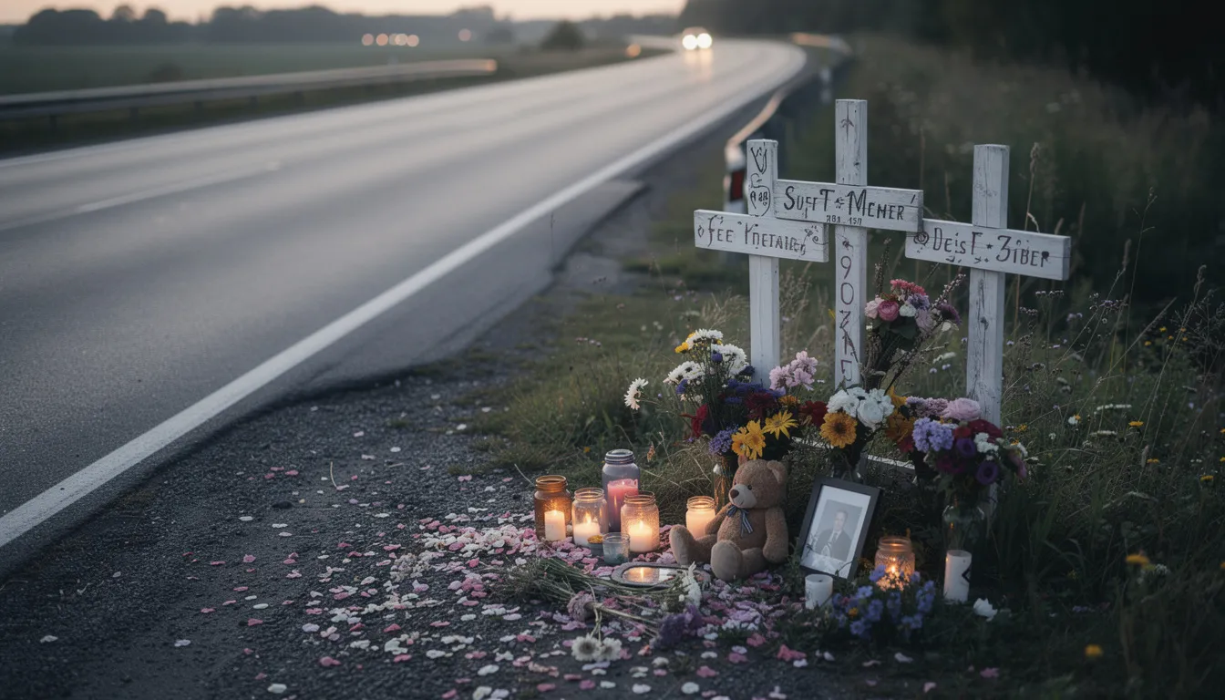 The image depicts a roadside memorial with flowers and wooden crosses, marking the site of a deadly crash involving a truck driver and an 18-wheeler. The scene is somber, reflecting the loss felt by loved ones, with signs indicating the location in south Harris County, Texas.