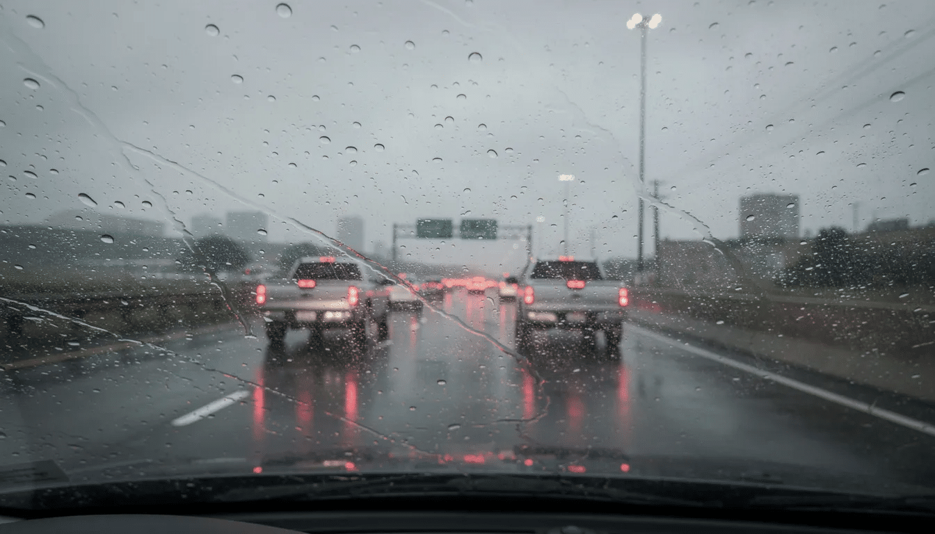 The image shows a rainy highway in Houston, Texas, where brake lights from vehicles are illuminated through a wet windshield, suggesting difficult driving conditions. This scene may evoke concerns about potential accidents or crashes, as visibility is reduced and drivers navigate the slick lanes.