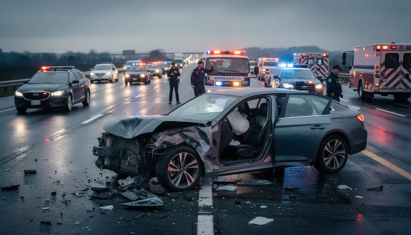 The image shows a damaged passenger car at a highway accident scene, with emergency vehicles in the background responding to the situation. The scene indicates a serious crash, likely involving multiple vehicles, as first responders work to assist those injured in the incident.