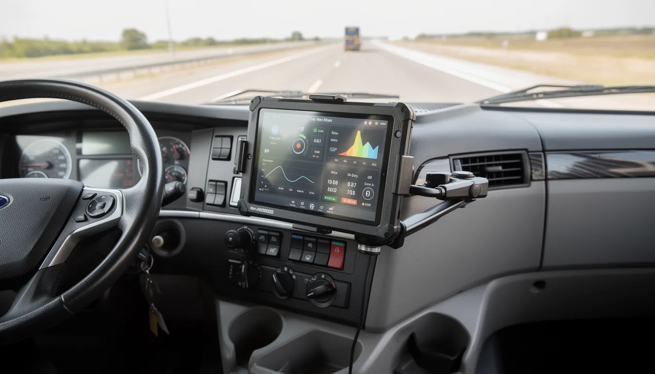 Truck Accidents in Texas: Understanding Your Rights and Legal Options 4 An electronic logging device is prominently displayed inside a truck cab, showcasing its digital interface used by truck drivers to monitor driving hours and ensure compliance with federal regulations. This technology plays a crucial role in enhancing public safety and reducing the risk of truck accidents, particularly in commercial trucking companies.