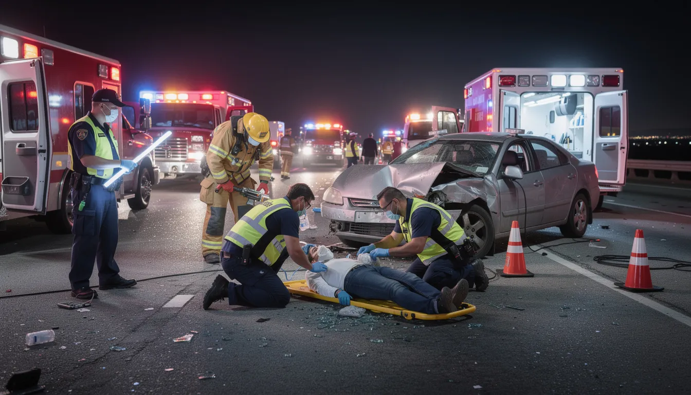 Emergency responders and medical personnel are actively working at the scene of a major accident on a Texas highway involving multiple vehicles, including a semi truck. Authorities are conducting investigations and field sobriety tests while attending to the injured and managing the traffic around the site.