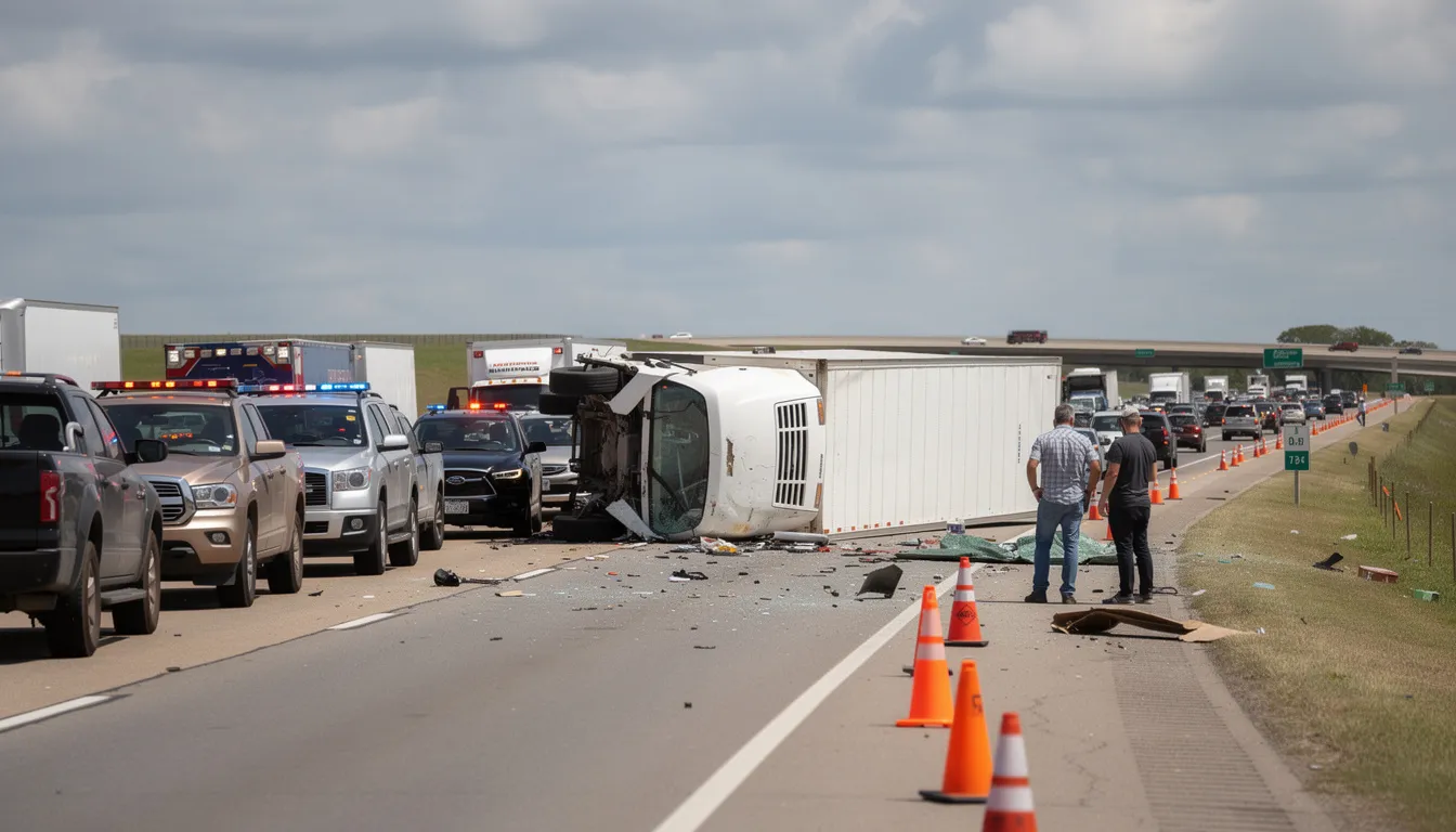 An overturned semi truck is blocking multiple lanes on US 131, causing snarled traffic in downtown Grand Rapids. The crash, which involved other vehicles and resulted in minor injuries, has led to a diesel fuel spill and the closure of the left and center lanes as authorities conduct a full structural inspection of the area.