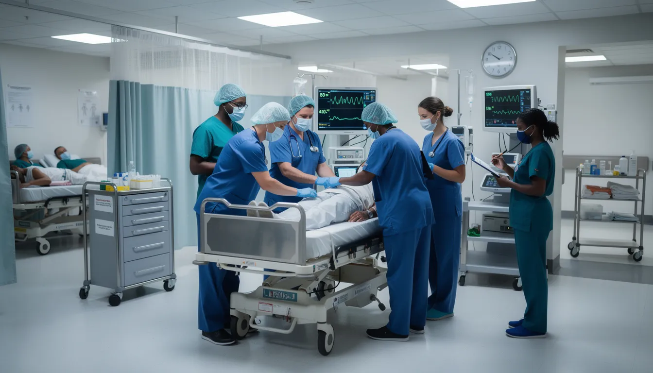 Commercial Vehicle Accident Settlement Texas: What You Need to Know in 2024 2 The image depicts a busy hospital emergency room where medical professionals attend to patients with severe injuries. The scene highlights the urgency of medical treatment, reflecting the critical care often required after commercial vehicle accidents, such as truck accidents, which can lead to significant medical expenses and long-term recovery needs.