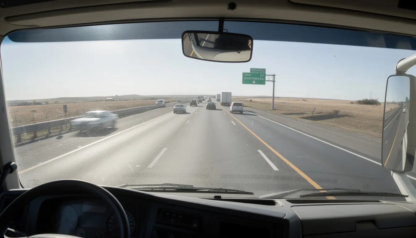 A dash camera mounted on a commercial truck windshield captures a view of the highway, showcasing the road ahead where a crash happened at an intersection with a red light. The scene includes vehicles in motion, highlighting the importance of safety for truck drivers and other road users.