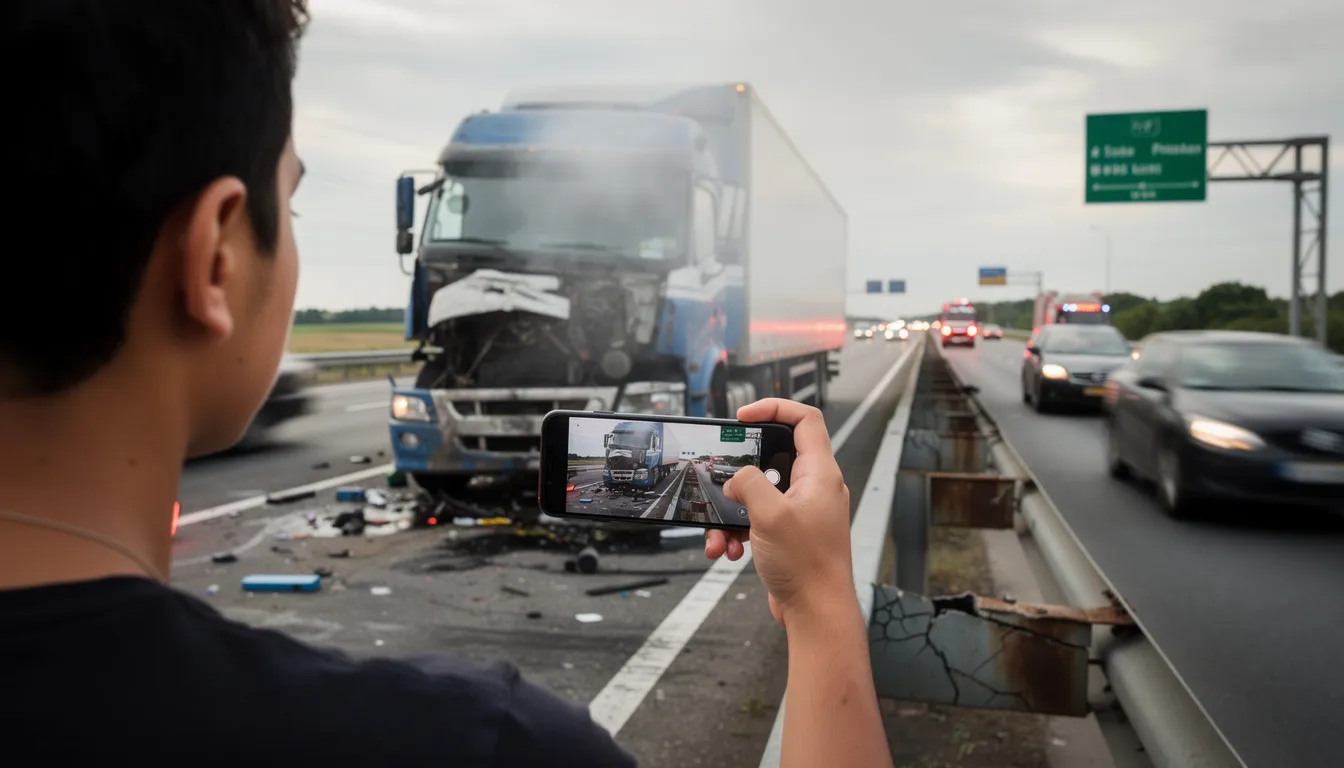 Truck Accidents in Texas: Understanding Your Rights and Legal Options 6 A person is capturing images of a truck accident scene with their smartphone, focusing on the aftermath of a large truck crash involving commercial vehicles. The scene may include emergency responders and damaged trucks, highlighting the serious nature of truck accident injuries and the need for thorough investigation and legal guidance from an experienced truck accident attorney.