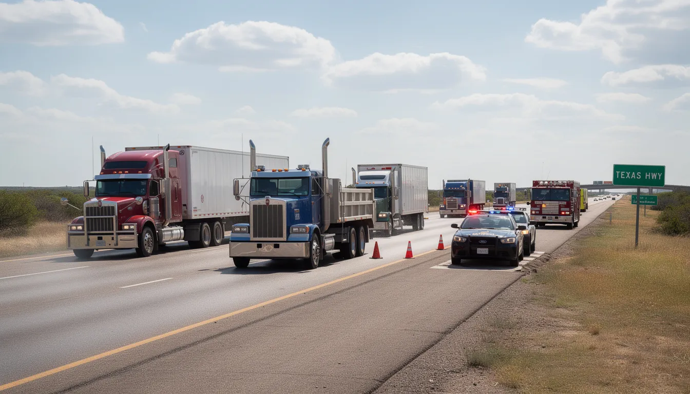 The image shows a Texas highway scene involving multiple semi trucks and emergency vehicles responding to a tractor trailer accident. First responders are present, working to assist the drivers involved in the crash while traffic is halted in the affected lanes.