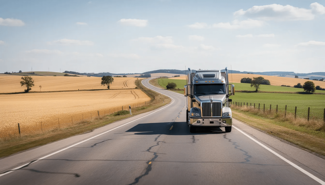 A semi truck is driving along a rural two-lane highway, surrounded by expansive farmland. The scene captures the essence of truck drivers navigating through open spaces, highlighting the importance of safety on roads where large trucks operate alongside passenger vehicles.