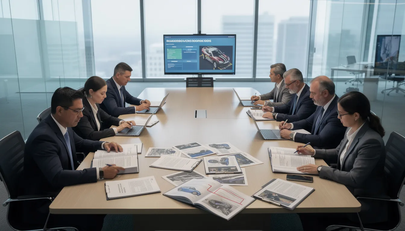 A group of legal professionals is gathered around a conference table, intently reviewing insurance documents and crash investigation reports related to a recent semi truck crash in downtown Grand Rapids. The atmosphere is focused as they discuss the implications of the accident involving a semi truck driver and the serious injuries sustained by victims, while also noting the involvement of emergency crews and the need for structural inspections of the roadway.