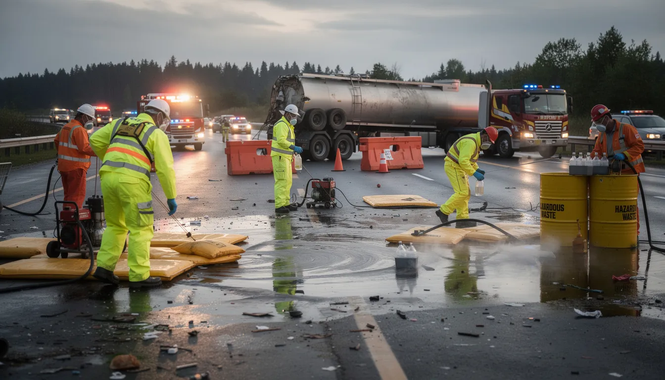 Environmental cleanup crews are working at the scene of a semi truck crash on US 131 in downtown Grand Rapids, where the truck has flipped and is partially wedged against a concrete wall. The accident has caused a diesel fuel spill, snarled traffic in the area, and led to the closure of the left lanes for a full structural inspection.