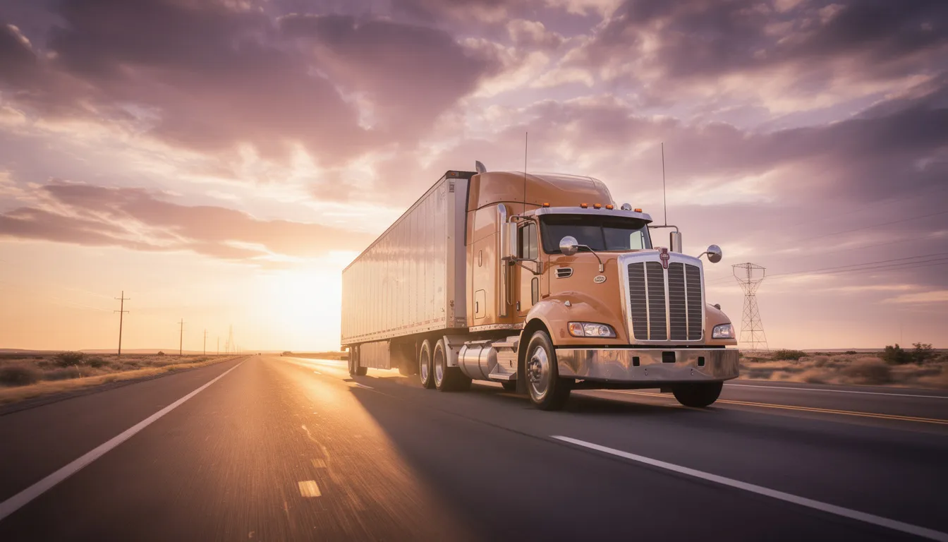 A large commercial truck is seen on a Texas highway during sunset, with vibrant orange and purple hues in the sky. This scene captures the essence of long journeys, often associated with the risks of workplace injuries and the importance of having experienced workers compensation lawyers to navigate the complexities of claims and benefits for injured workers.