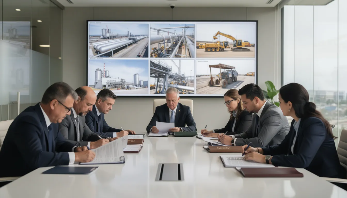 Out of Control Wind Turbine: Causes, Catastrophic Failures, and Your Legal Options in Texas 3 The image shows a group of attorneys gathered around a conference table, intensely reviewing documents related to industrial site photos, which may include details about wind turbines and potential issues like brake failure. The atmosphere suggests a serious discussion about energy production and the implications of high winds on turbine operations.