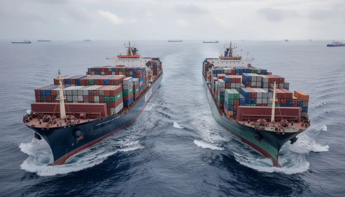 The image depicts two large container ships navigating past each other in busy international shipping lanes, symbolizing the complexities of maritime commerce and the importance of maritime law in regulating such activities. These vessels represent the global nature of trade and the legal frameworks that govern maritime operations, including admiralty and maritime law.