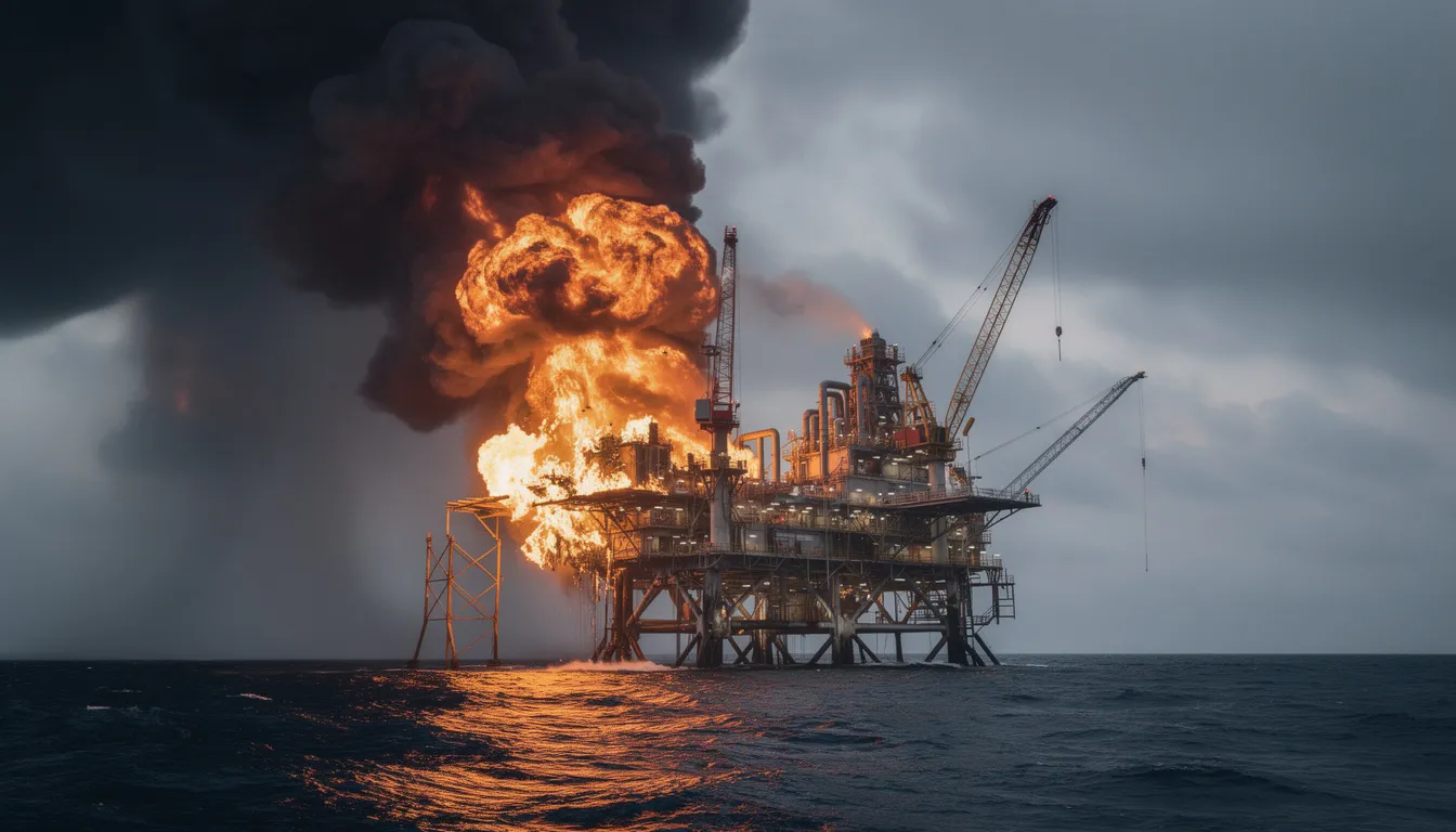 Oil Rig Wreck: Catastrophic Offshore Disasters, Legal Rights, and How Injured Texas Workers Can Fight Back 2 The image depicts a large industrial fire with thick smoke billowing from an offshore oil rig, highlighting the dangers associated with offshore drilling and the potential for catastrophic incidents like the Deepwater Horizon disaster. The intense flames and dark smoke serve as a stark reminder of the risks faced by offshore workers and the environmental impact of such accidents.