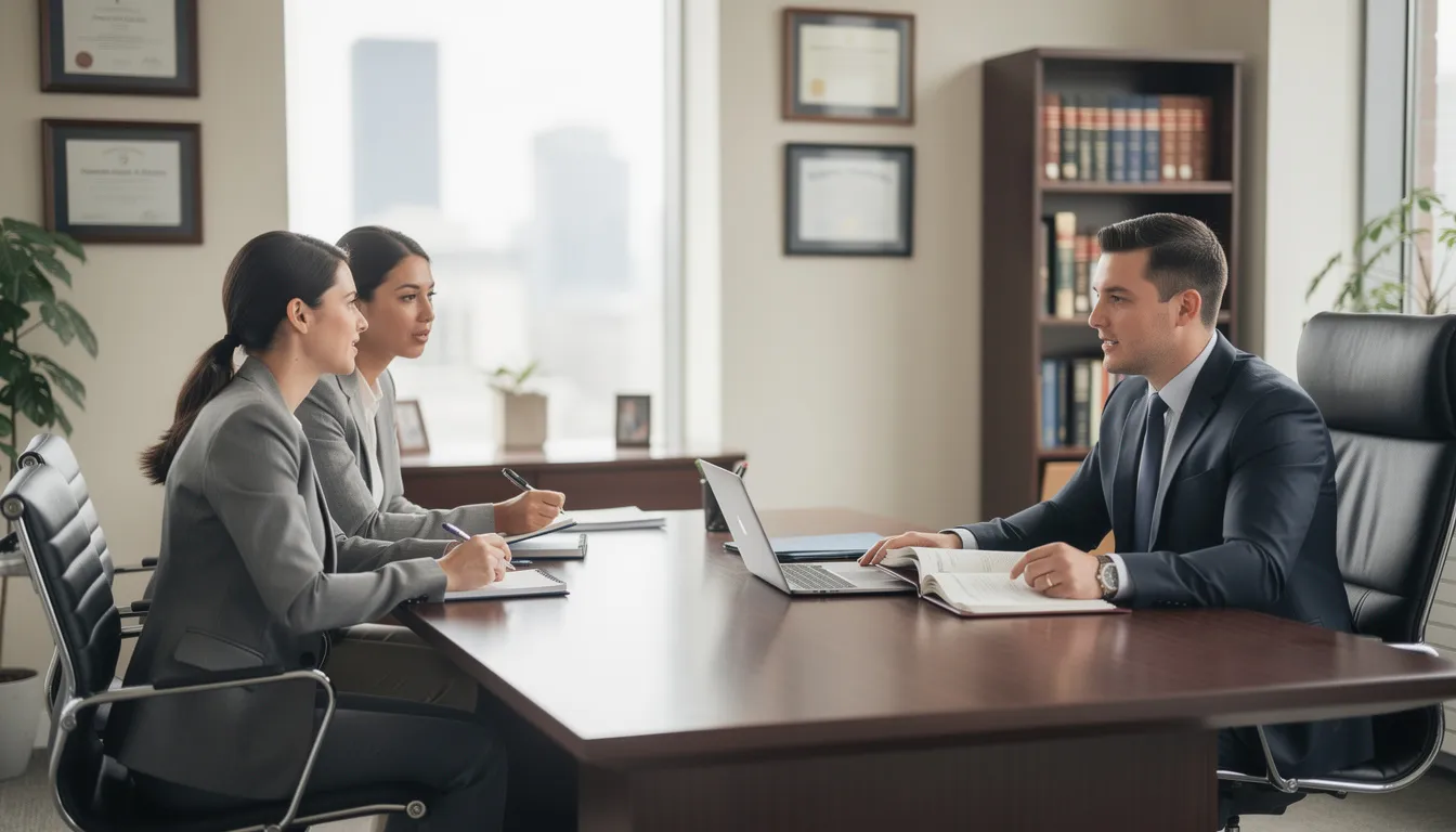 The image depicts a professional meeting in an office setting where an experienced truck accident attorney is discussing legal strategies with clients regarding their truck accident case. The atmosphere is focused and collaborative, emphasizing the importance of pursuing fair compensation for truck accident victims.