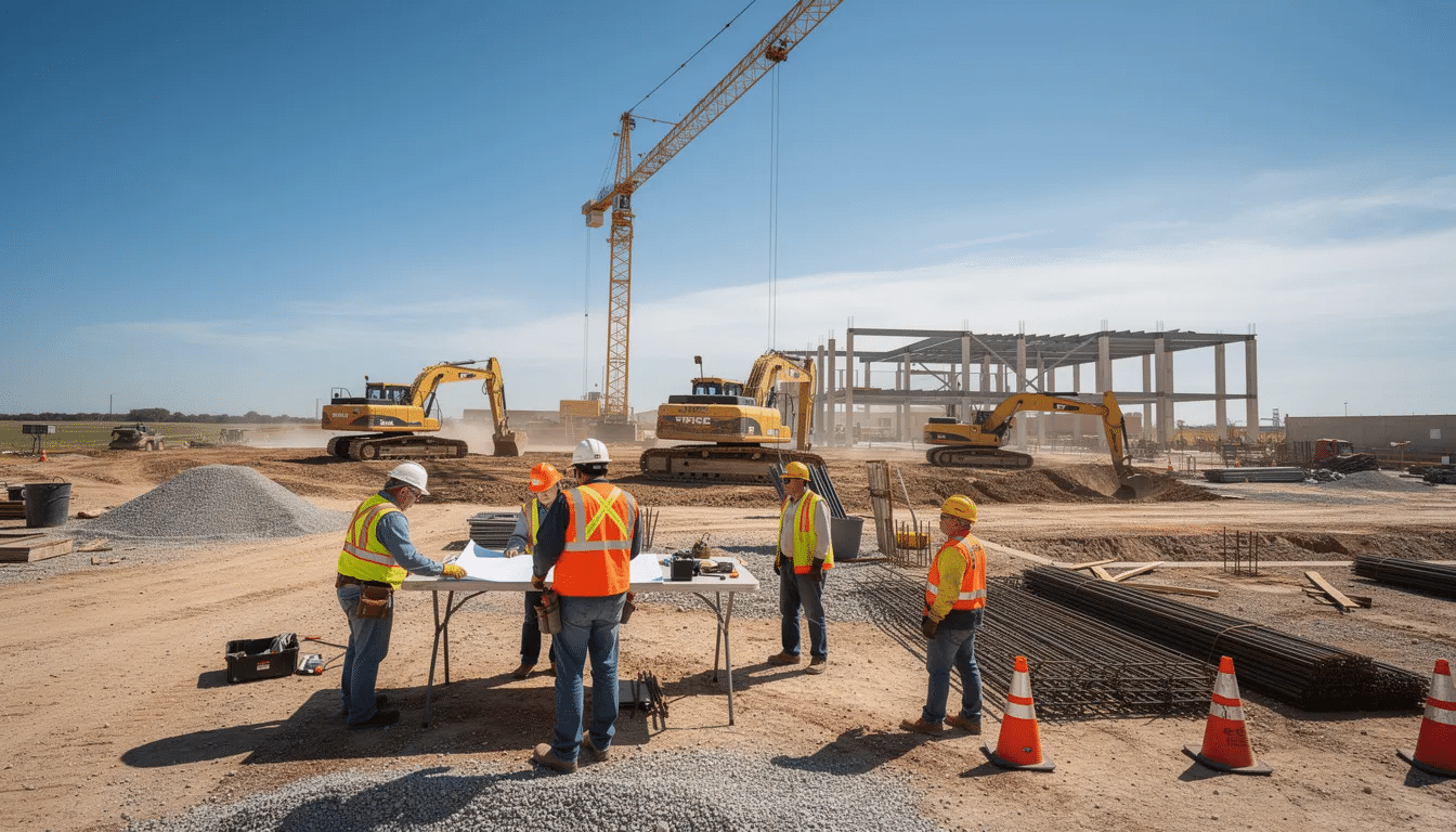 The image depicts a bustling construction site in Texas, where construction workers operate heavy equipment under a bright blue sky. This scene highlights the importance of safety regulations, as construction accidents can lead to serious injuries and may require the expertise of experienced construction accident attorneys for claims and compensation.