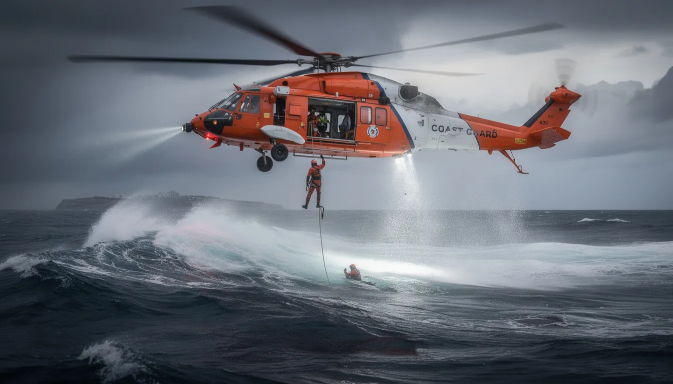 Oil Rig Wreck: Catastrophic Offshore Disasters, Legal Rights, and How Injured Texas Workers Can Fight Back 3 A Coast Guard rescue helicopter hovers over turbulent ocean waves during an emergency operation, highlighting the critical response efforts in the aftermath of an oil rig disaster. The scene captures the urgency of rescue missions often necessitated by incidents like the Deepwater Horizon oil spill, emphasizing the risks faced by offshore workers.