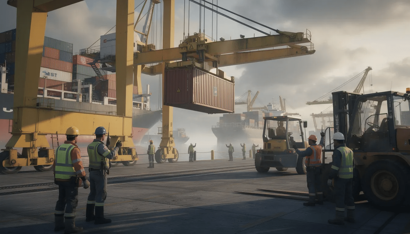 The image depicts industrial dock workers skillfully operating heavy crane equipment at a bustling port facility, highlighting the critical role of maritime workers in the oil and gas industry. This scene reflects the importance of safety and proper training in maritime operations, as these workers navigate the challenges of potential maritime accidents and seek fair compensation for any injuries sustained on the job.