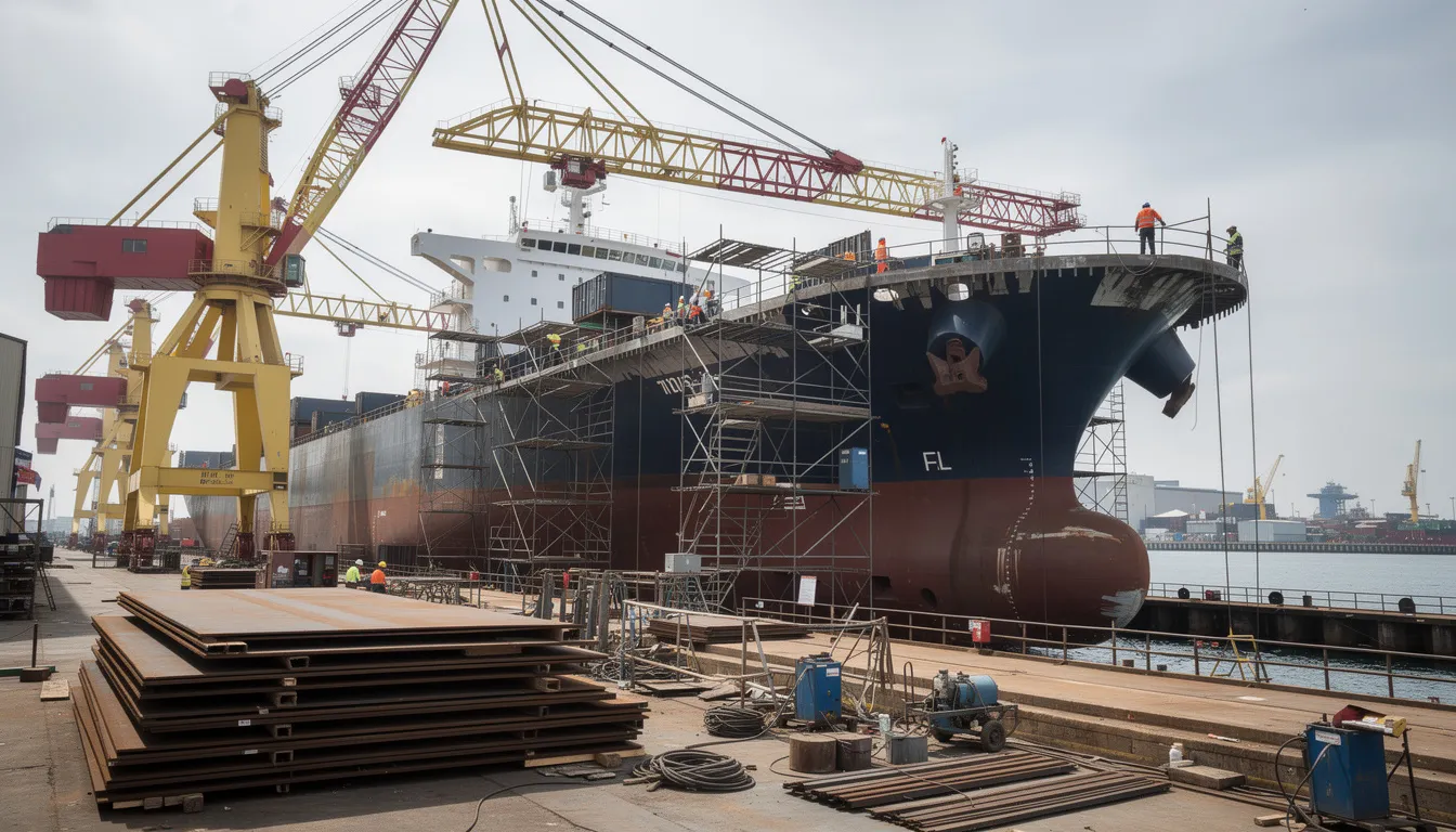 The image depicts a commercial vessel under construction at a shipyard, surrounded by scaffolding and cranes, highlighting the maritime industry’s ongoing activities. This scene reflects the intricate processes involved in shipbuilding, relevant to maritime law and the various legal considerations faced by vessel owners and maritime attorneys.