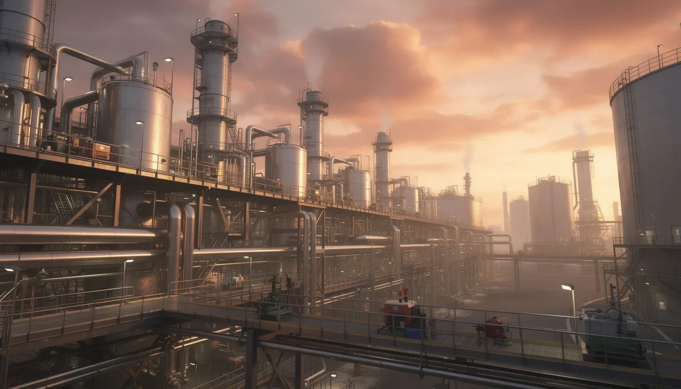 The image depicts an oil refinery at sunset, showcasing a network of industrial pipes and structures silhouetted against a vibrant orange and purple sky. This scene highlights the importance of workplace safety, as oil refineries can be sites for serious injuries and workplace accidents, necessitating the support of workers compensation attorneys for injured workers seeking financial compensation for medical expenses and lost wages.