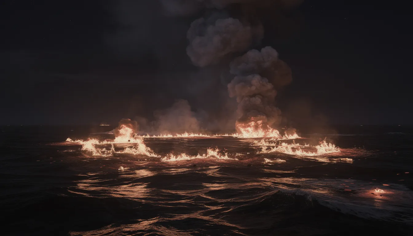 Offshore Rig Disasters: History’s Deadliest Accidents at Sea 2 A large fire blazes on the surface of the ocean at night, with thick smoke rising into the dark sky, reminiscent of oil rig disasters such as the Deepwater Horizon incident. The scene highlights the catastrophic consequences of offshore drilling operations, where safety concerns and human error can lead to devastating explosions and loss of life.