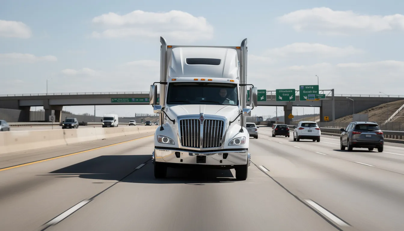 A large semi truck is driving on an interstate highway, surrounded by various other vehicles, illustrating the busy nature of the roadway and the presence of commercial trucks. This scene highlights the importance of truck accident attorneys in managing the complexities of truck accident cases and ensuring fair compensation for victims involved in truck-related accidents.