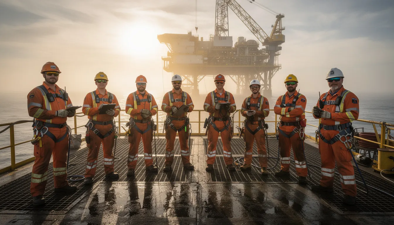 A group of oil rig workers dressed in safety gear stands on the deck of an offshore drilling rig, emphasizing the importance of worker safety in the oil and gas industry. This scene highlights the critical role of these workers in oil and gas operations, particularly in remote locations like the North Sea, where hazardous conditions can lead to tragic deaths and catastrophic accidents.