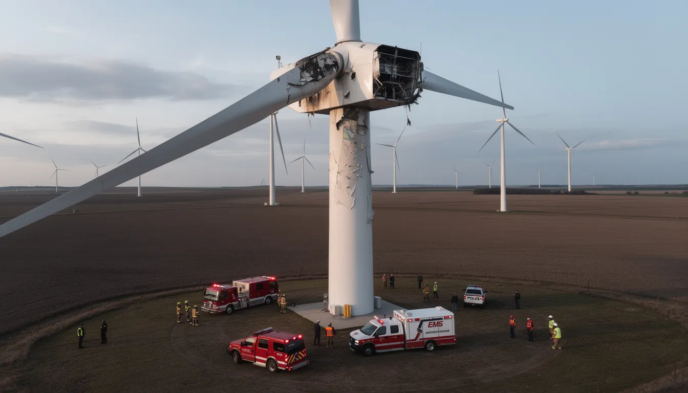 Out of Control Wind Turbine: Causes, Catastrophic Failures, and Your Legal Options in Texas 1 The image shows a damaged wind turbine nacelle with visible debris scattered around its base, while emergency vehicles are stationed on the ground below, indicating a potential brake failure or malfunction. The scene captures the aftermath of high winds that may have caused the turbine to lose control, highlighting the need for repair and safety measures in energy production.