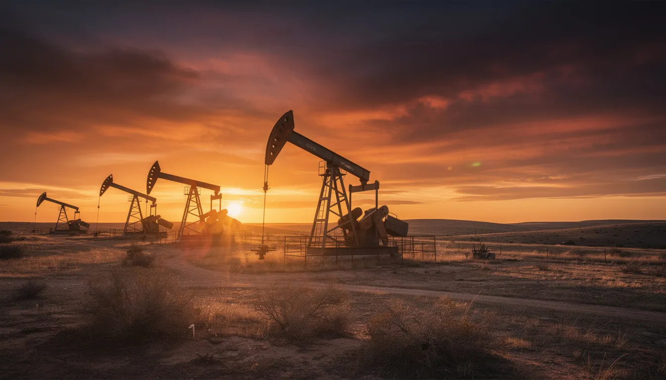 The image depicts oil derricks silhouetted against a vibrant Texas sunset, symbolizing the oil and gas industry. This scene captures the essence of oil production in West Texas, where drilling operations play a crucial role in the gas extraction industry.