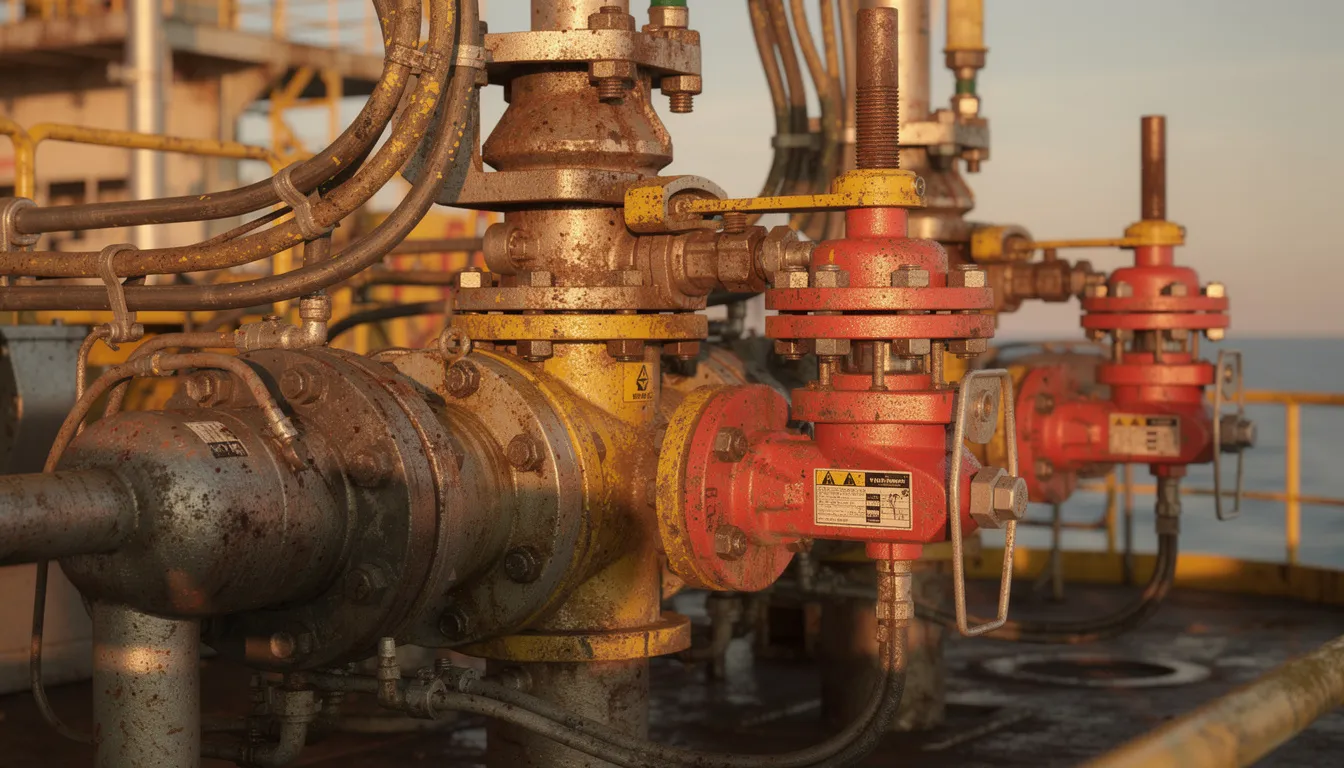 The image features a close-up view of drilling equipment and safety valves on an oil rig, highlighting the intricate machinery essential for oil and gas operations. This equipment plays a crucial role in ensuring safety and efficiency within the oil and gas industry, particularly in offshore operations where worker safety is paramount.