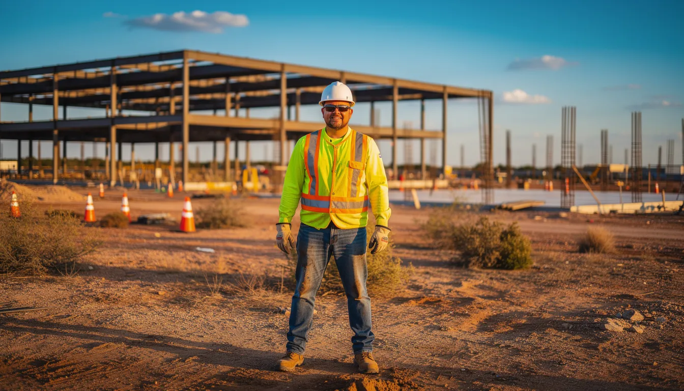 A construction worker wearing a bright safety vest and hard hat stands on a Texas job site, surrounded by construction materials and equipment. This scene highlights the importance of safety regulations to protect workers from construction site accidents and potential injuries.