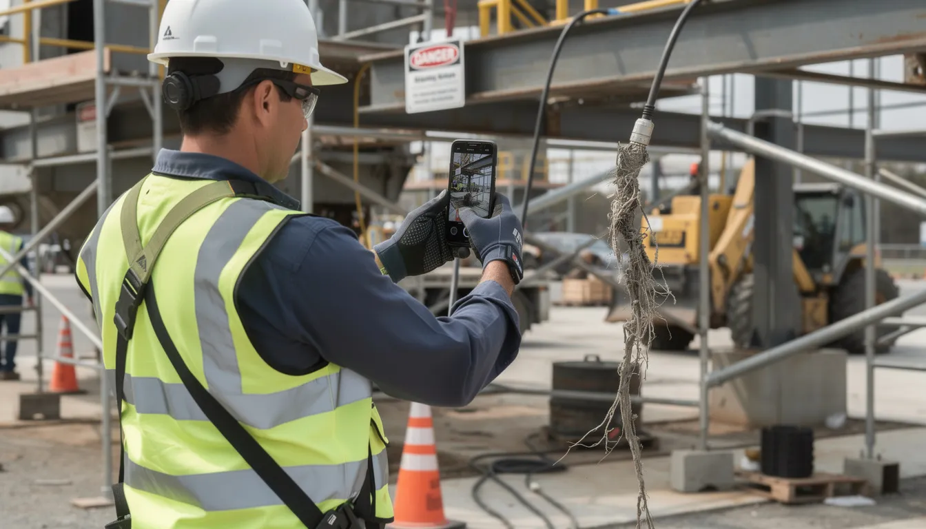 A worker at an industrial job site is using a smartphone to photograph a hazardous condition, which may be crucial for documenting workplace injuries and supporting a workers compensation claim. This action highlights the importance of safety awareness and the legal rights of injured workers in the workplace.