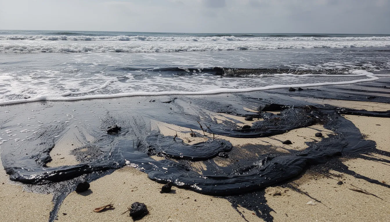 Offshore Rig Disasters: History’s Deadliest Accidents at Sea 3 The image depicts dark crude oil washing ashore on a sandy beach, with turbulent waves crashing in the background, highlighting the environmental impact of oil rig disasters. This scene serves as a stark reminder of the devastating consequences faced by marine life and coastal ecosystems due to incidents in the offshore drilling industry.