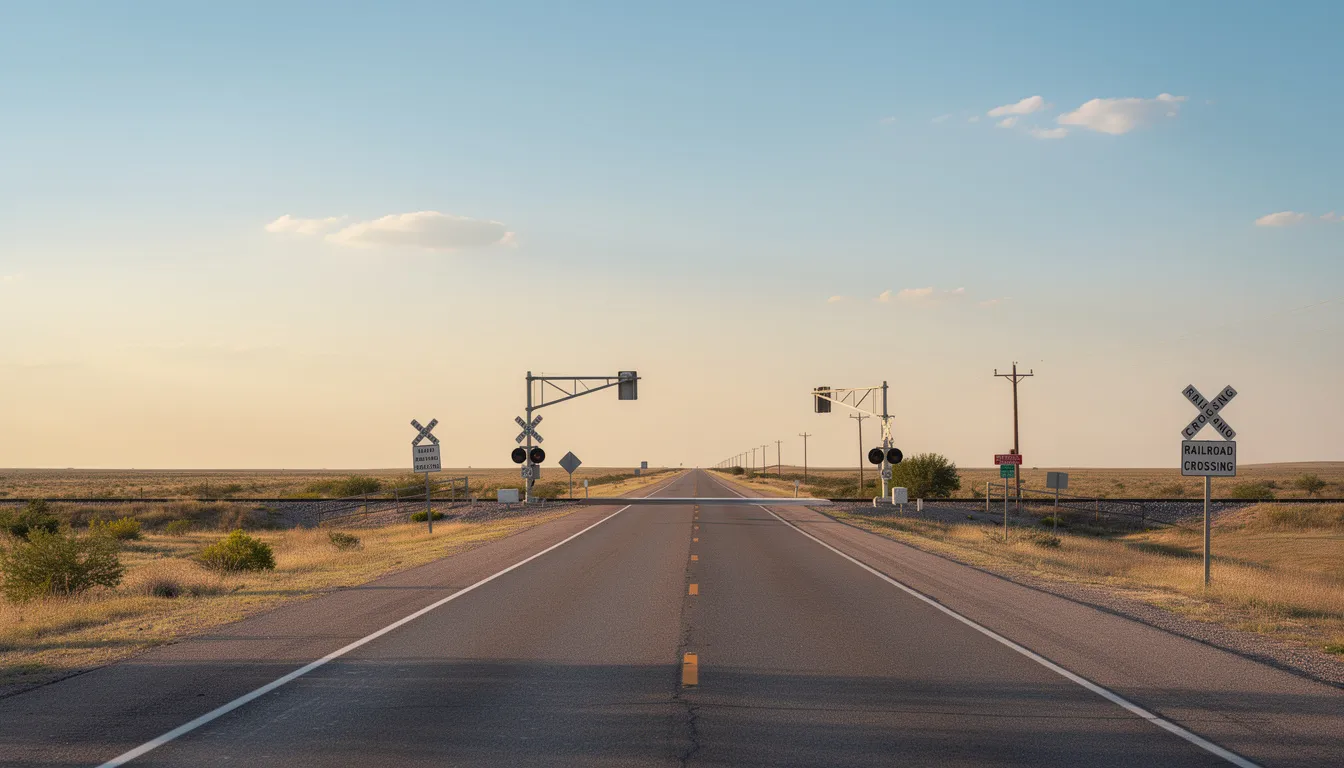 The image depicts a Texas highway with railroad tracks crossing in the distance, highlighting a railroad crossing area. This scene serves as a reminder of the importance of railway safety and the potential risks associated with train accidents, where experienced train accident attorneys can provide legal assistance to victims seeking compensation for injuries.