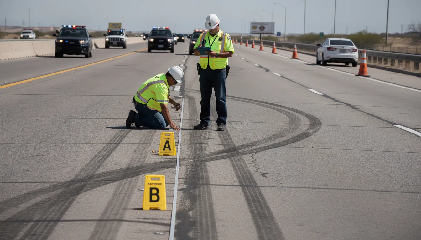Crash investigators are closely examining tire marks on a highway, analyzing evidence from a recent truck accident. This scene highlights the importance of thorough investigations in truck accident cases to determine liability and ensure fair compensation for victims.