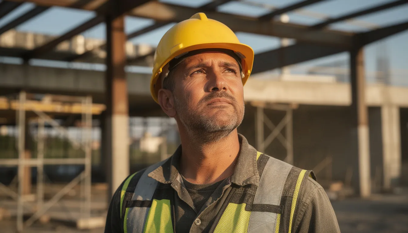 A determined construction worker wearing a hard hat stands on a job site, embodying the spirit of resilience often needed in the face of workplace accidents. This image highlights the importance of safety and the potential need for a workplace injury lawyer to navigate workers compensation claims for injured workers.