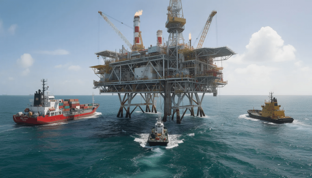 Houston Maritime Injury Lawyer 1 Boats and offshore oil rig at sea representing maritime injury accidents in Houston.