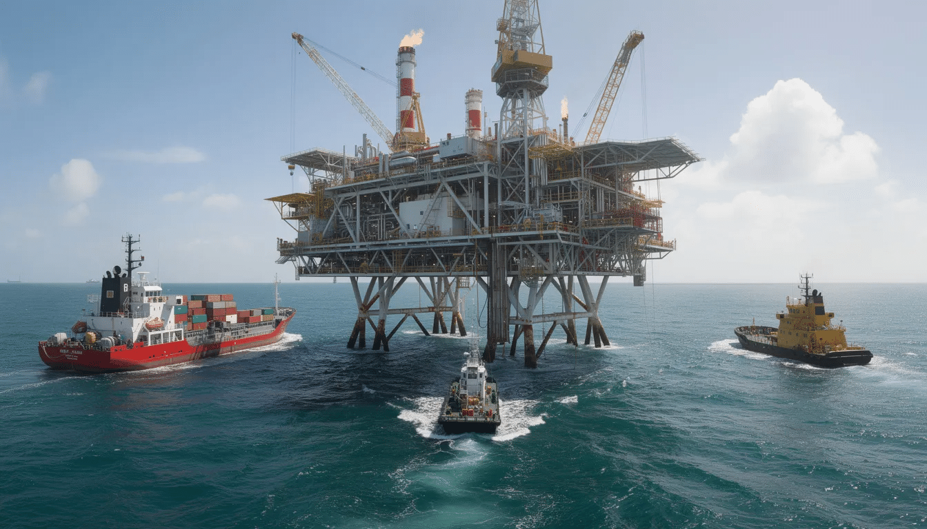 The image depicts an offshore oil platform in the Gulf of Mexico, surrounded by support vessels, highlighting the bustling activity of the oil and gas industry. This scene represents the work environment for offshore workers, who may face serious risks and potential maritime injuries, making the expertise of knowledgeable Houston Maritime Attorney essential for navigating legal issues related to maritime injury claims.