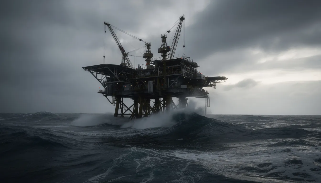Offshore Rig Disasters: History’s Deadliest Accidents at Sea 1 The image depicts an offshore oil platform, silhouetted against stormy grey skies, surrounded by rough ocean waves, highlighting the precarious nature of the offshore drilling industry. This scene evokes the dangers associated with oil rigs, reminiscent of past oil rig disasters such as the Deepwater Horizon incident and the Piper Alpha disaster.
