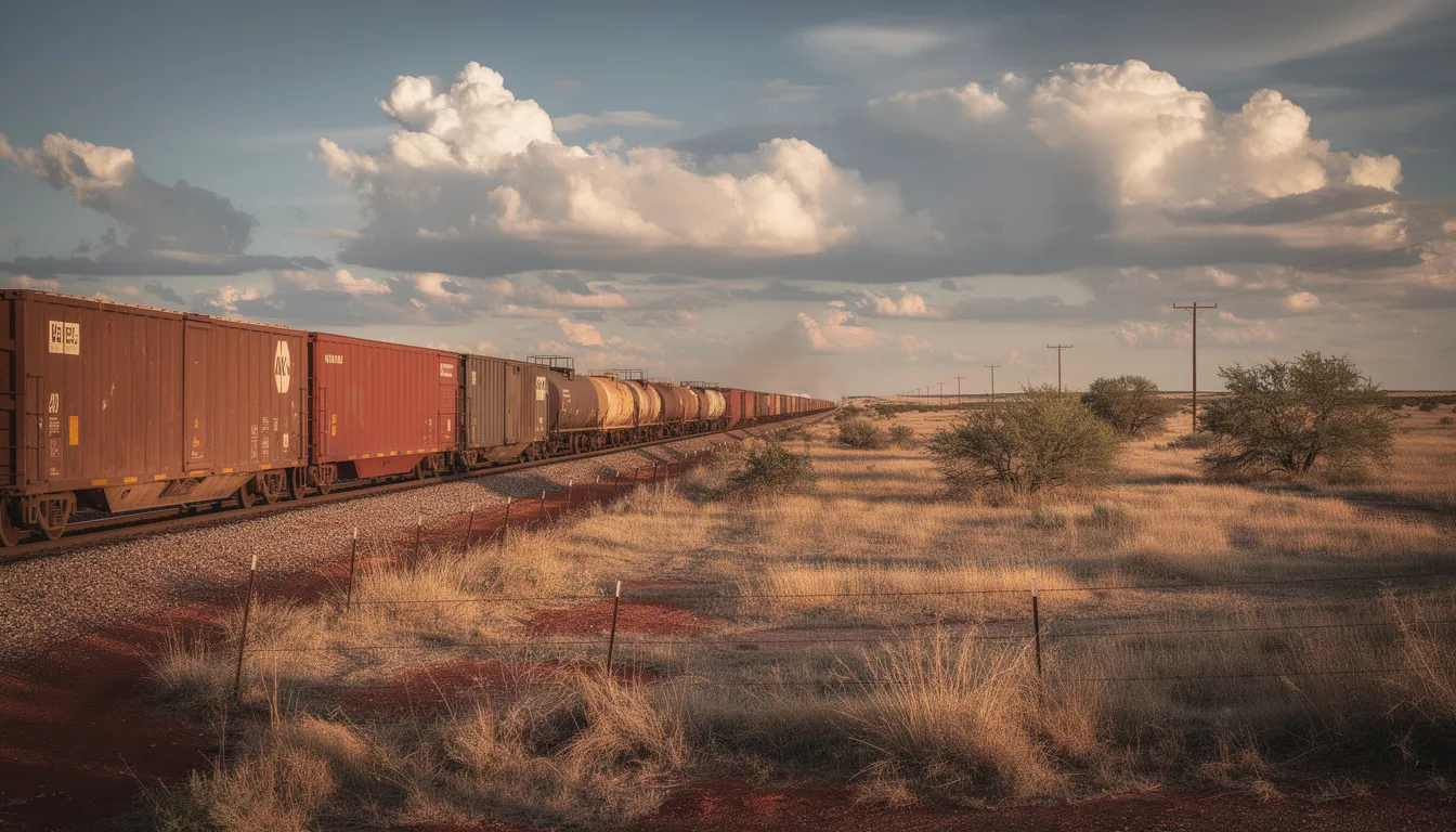 A freight train is moving through a vast Texas landscape, with open fields and distant hills visible in the background. This scene emphasizes the importance of railroad safety, as train accidents can lead to severe injuries for railroad workers and passengers alike.