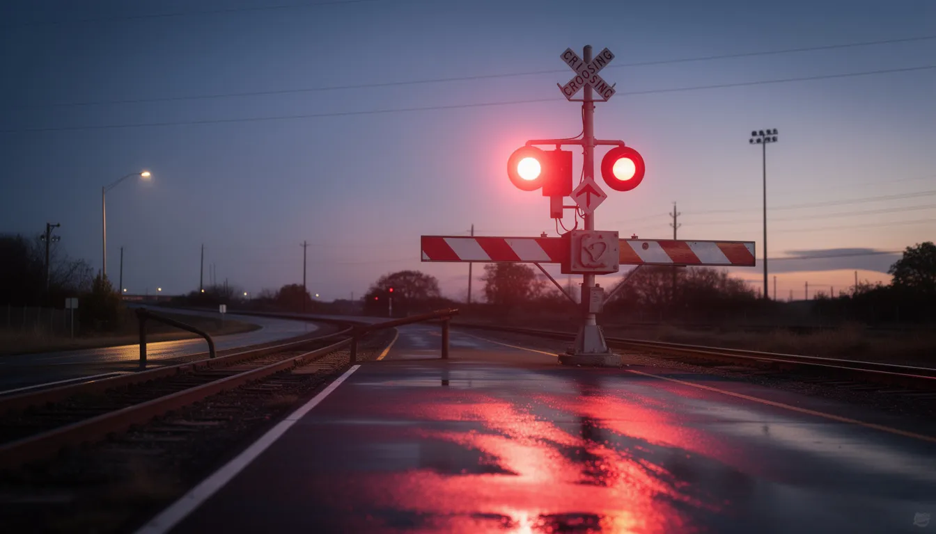 The image depicts a railroad crossing at dusk, illuminated by flashing warning lights, signaling caution for approaching vehicles and pedestrians. This scene highlights the importance of safety measures at train crossings, where accidents can occur, and emphasizes the need for experienced train accident attorneys to assist victims of railroad accidents.