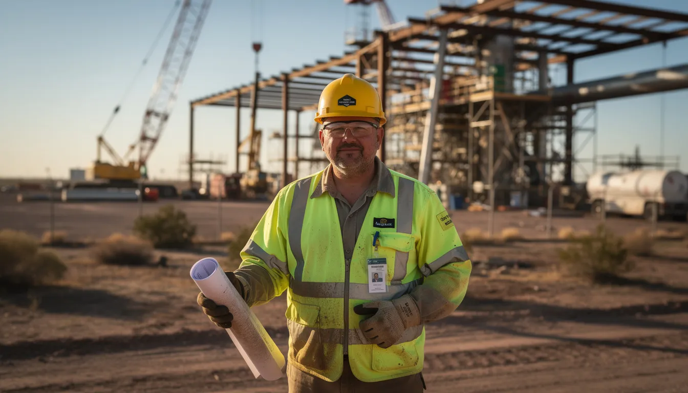 An industrial worker wearing a hard hat and safety vest stands at a Texas job site, emphasizing the importance of safety in environments where workplace injuries can occur. This image reflects the need for experienced workers compensation lawyers to assist injured workers in navigating the workers compensation process and receiving fair compensation for their medical expenses and lost wages.