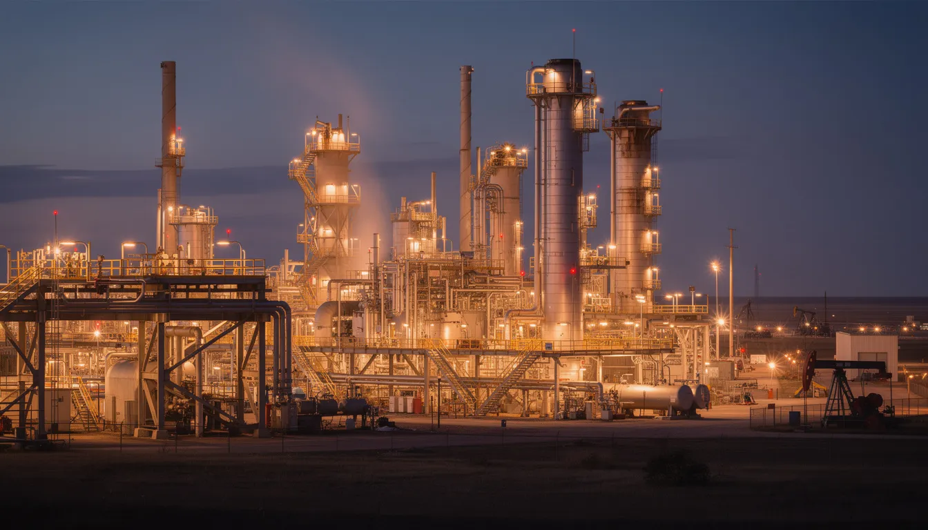 The image depicts a Texas oil refinery at dusk, showcasing towering industrial equipment silhouetted against a colorful sky. This scene highlights the importance of safety for workers in such environments, where workplace injuries can occur, emphasizing the need for experienced workers compensation lawyers to assist injured workers in navigating the claims process.