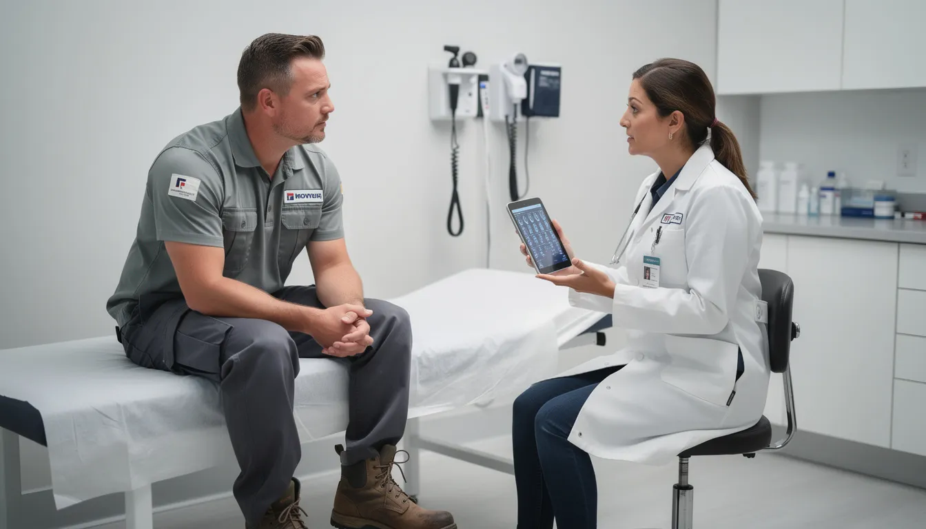 A worker is seen consulting with a medical professional in a clinical setting, discussing medical treatment options following a workplace injury. This interaction highlights the importance of receiving workers compensation benefits to cover medical expenses and lost wages for injured workers.