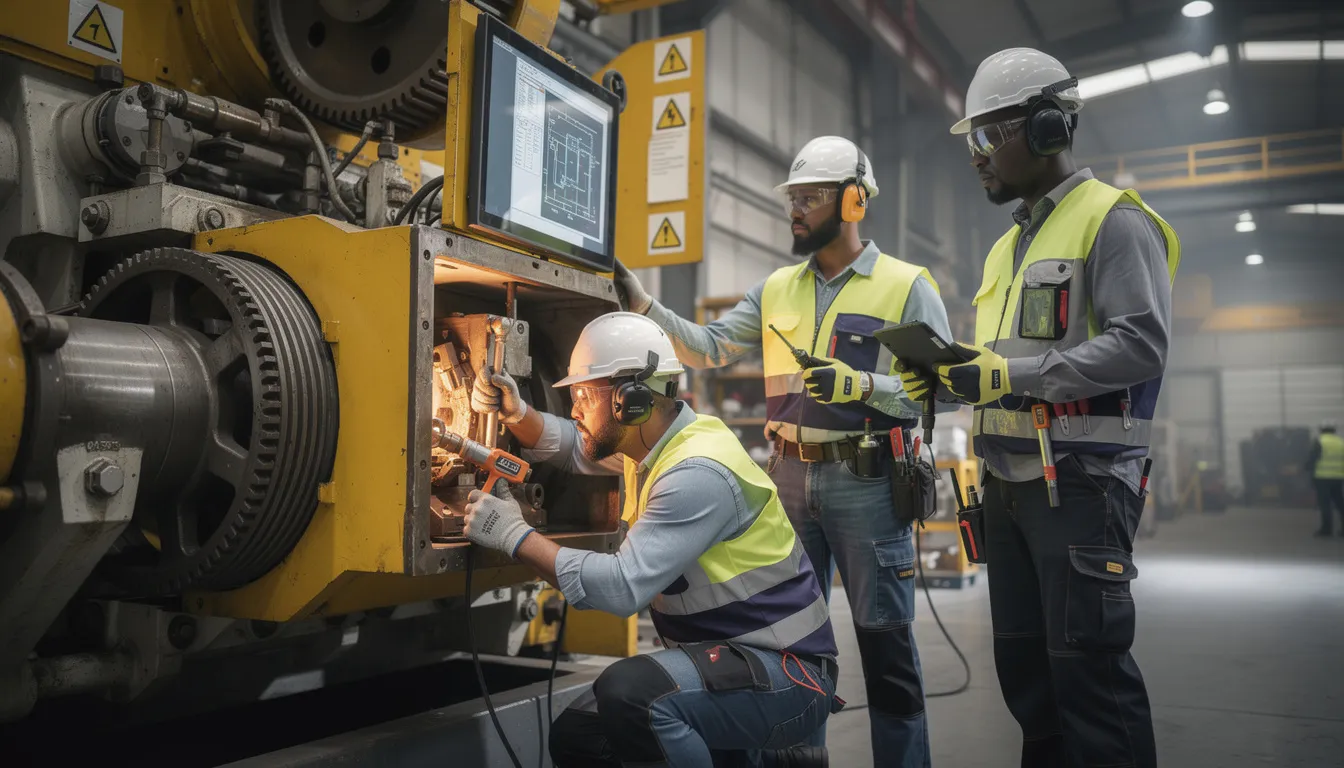 Out of Control Wind Turbine: Causes, Catastrophic Failures, and Your Legal Options in Texas 2 The image depicts industrial maintenance workers inspecting heavy machinery, equipped with tools and safety gear, as they focus on ensuring the proper function of a wind turbine. Their attention to detail is crucial for preventing issues like brake failure and ensuring efficient energy production.