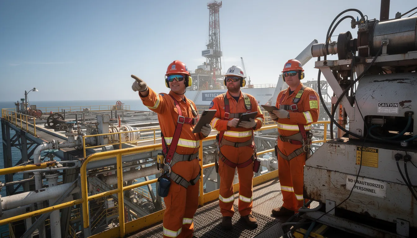 The image depicts oil rig workers wearing safety equipment on an industrial platform, highlighting the importance of safety in a workplace environment prone to traumatic brain injuries and other work-related injuries. Proper precautions can help prevent severe injuries, ensuring that injured workers can seek medical treatment and navigate the workers compensation process effectively.