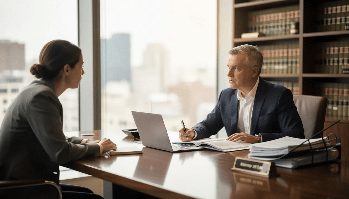 The image shows two individuals engaged in a professional consultation at a law office, discussing a workers compensation claim related to a workplace injury. The setting conveys a serious atmosphere, emphasizing the importance of legal guidance for injured workers seeking financial compensation and understanding their rights under workers compensation laws.