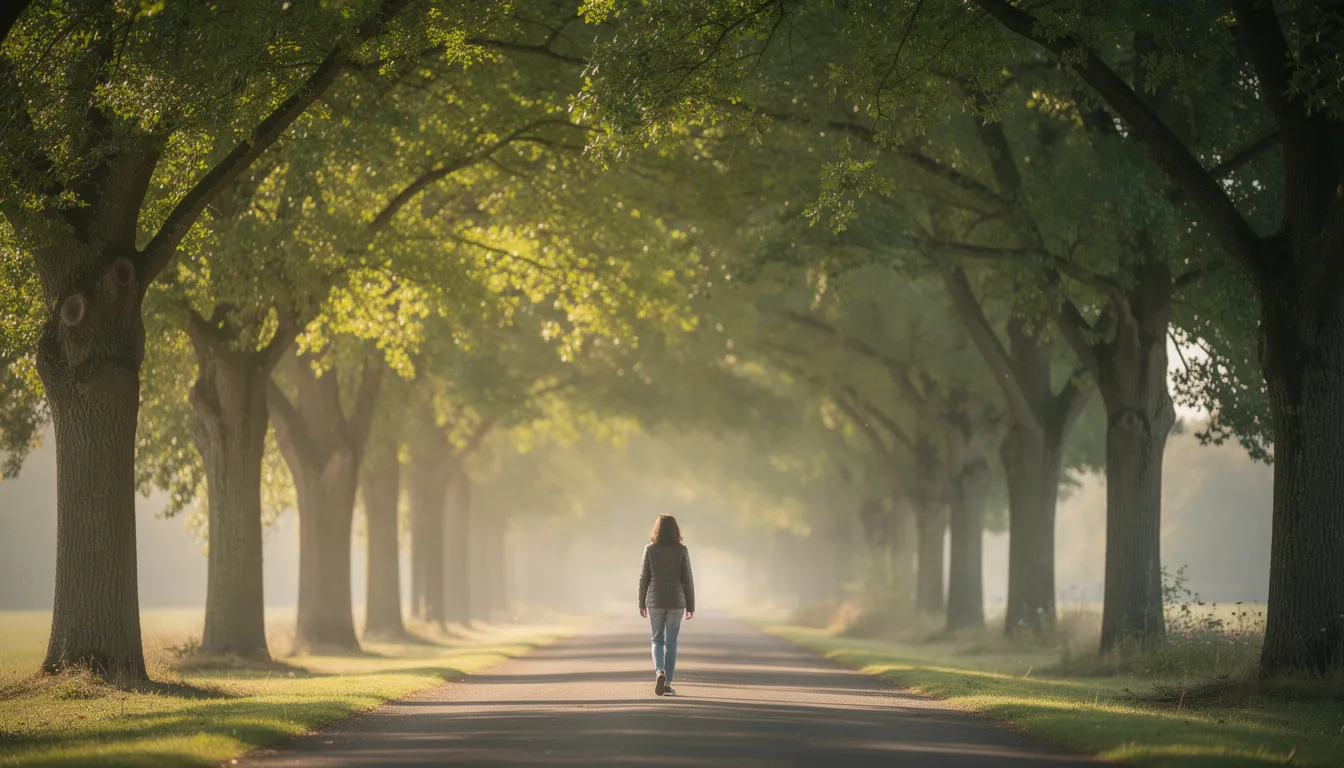 A person is walking along a serene tree-lined path, symbolizing their recovery journey after a traumatic brain injury. This peaceful scene reflects hope and the movement forward in the process of rehabilitation and healing.