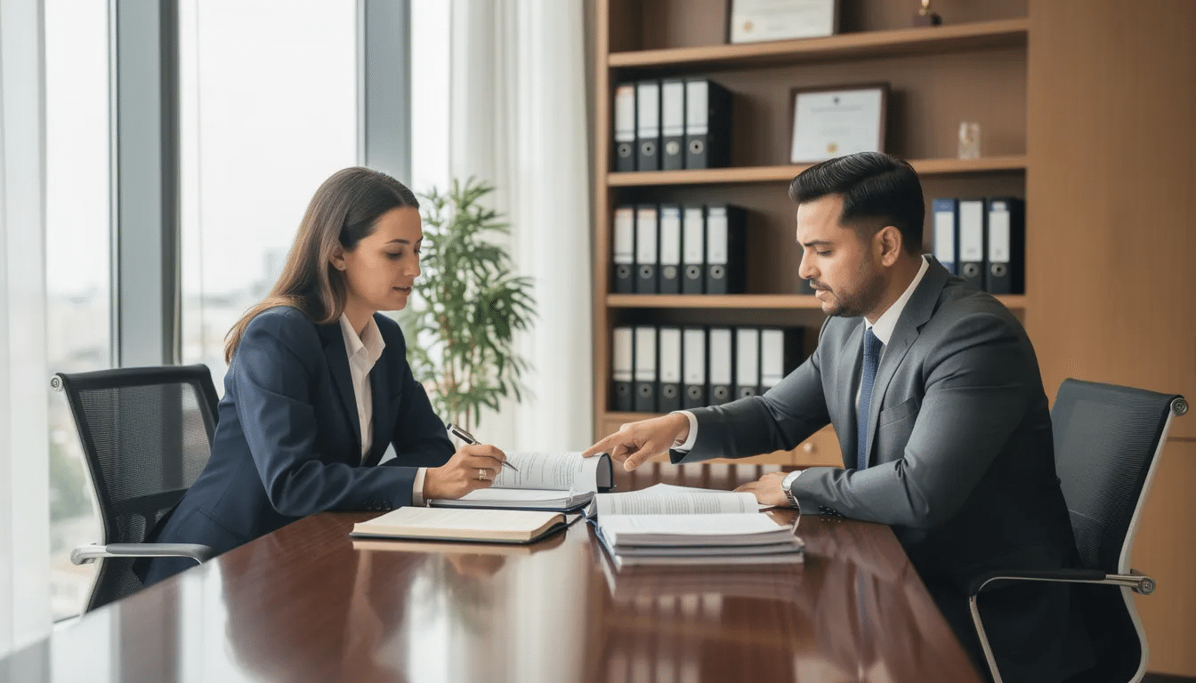 An attorney is meeting with a client in a professional office setting, discussing important documents related to a workers compensation claim for workplace injuries. The atmosphere is focused, highlighting the attorney's role in providing legal counsel to injured workers seeking fair compensation for their medical treatment and lost wages.
