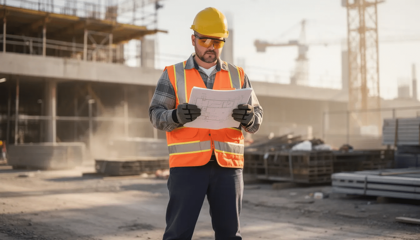 The image shows a construction worker in safety gear, including a hard hat and reflective vest, reviewing paperwork at a construction site. This scene highlights the importance of understanding workers compensation claims and the necessary steps injured workers must take to secure fair compensation for workplace injuries.