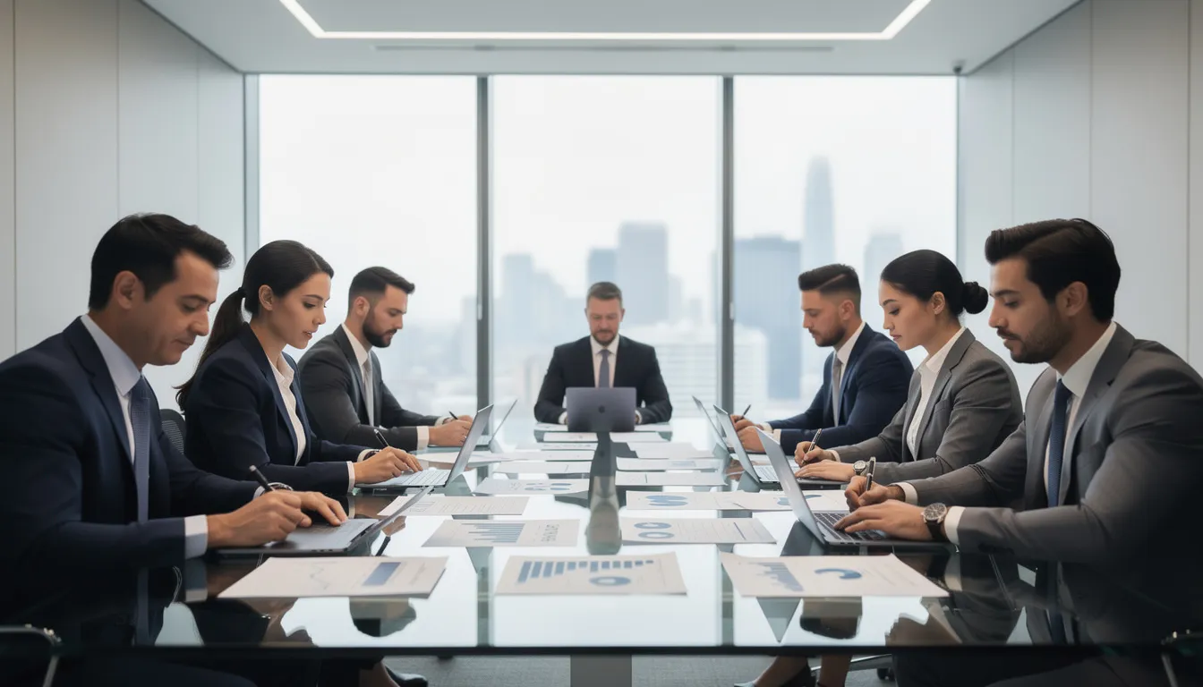 The image depicts a professional meeting in an office where a group of individuals is gathered around a table, reviewing documents related to workers compensation claims. They appear engaged in discussion, possibly addressing workplace injuries and the process of securing fair compensation for injured workers.